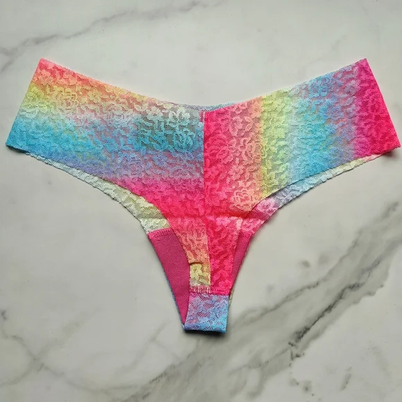 NWT PINK VICTORIA'S SECRET NO-SHOW SOFT LACE THONG PANTY IN RAINBOW GRADIENT SMA - Picture 3 of 5